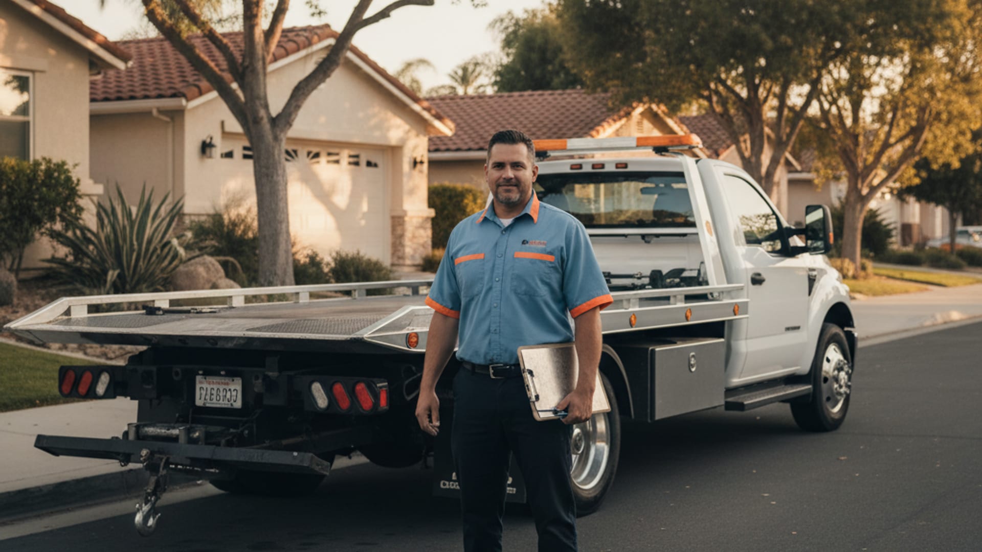 Quick Tow New Orleans driver beside a flatbed rollback at golden hour in a New Orleans residential neighborhood