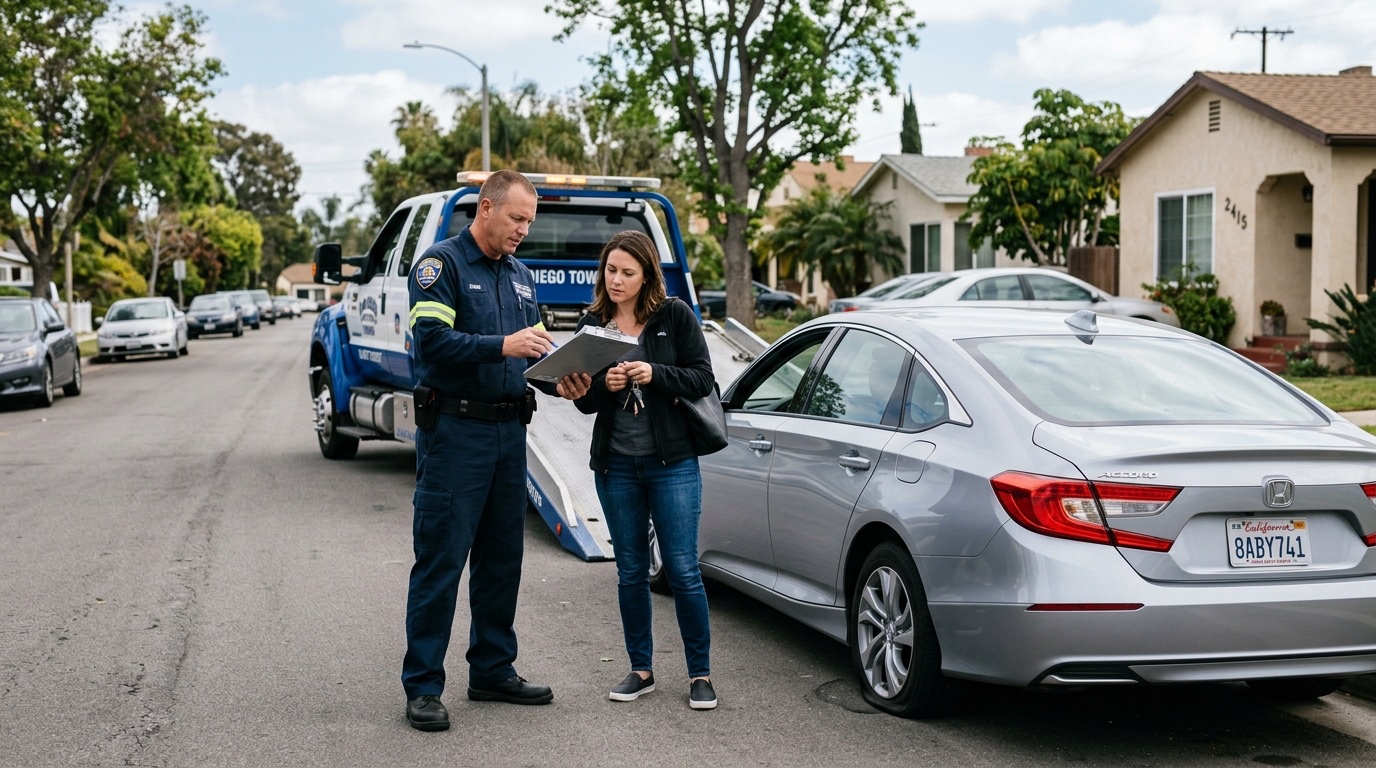 New Orleans tow operator and customer discussing service options on an I-10 shoulder