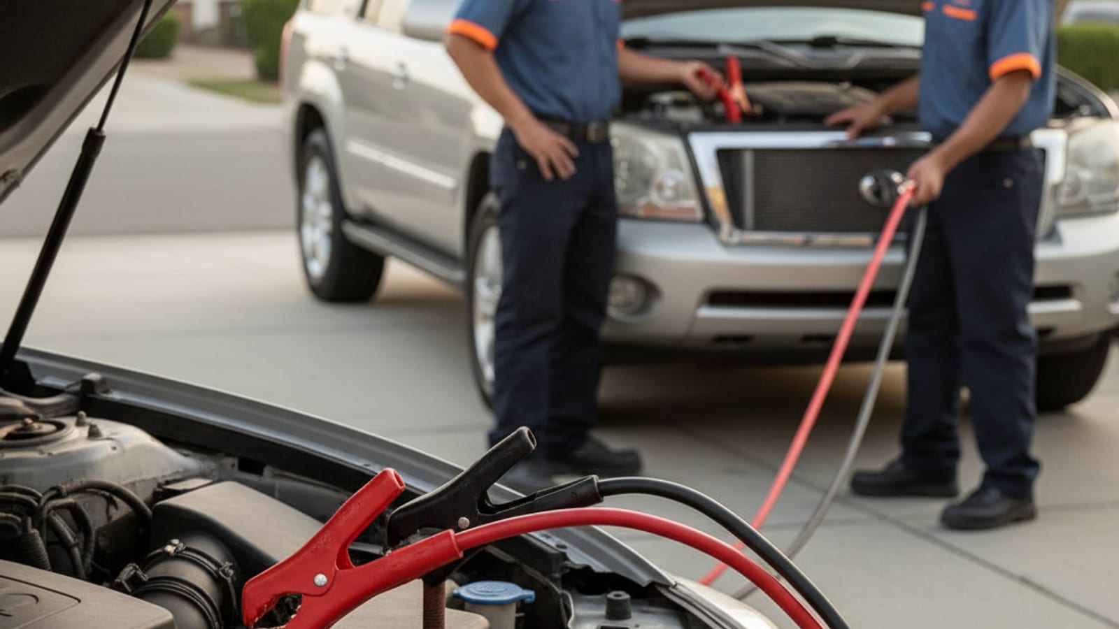 Close-up of jumper cables connected between two car batteries with the donor vehicle running in a New Orleans driveway