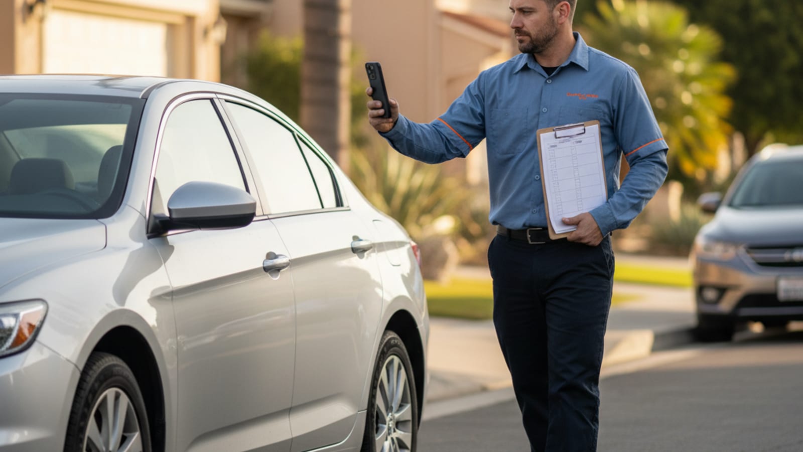 Driver walking around their vehicle making notes before a scheduled tow on a Mid-City New Orleans residential street