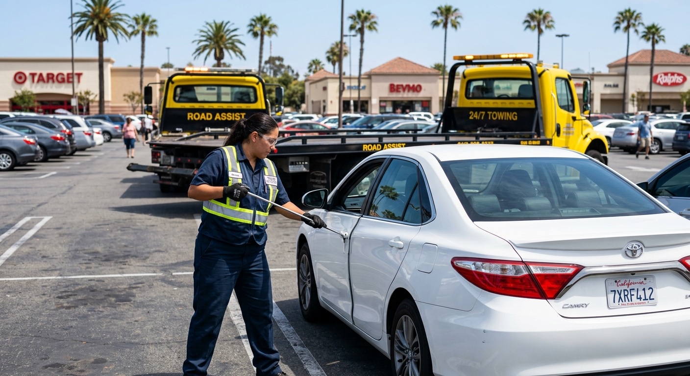 Quick Tow New Orleans technician using a long-reach lockout tool to unlock a sedan in a New Orleans shopping center parking lot
