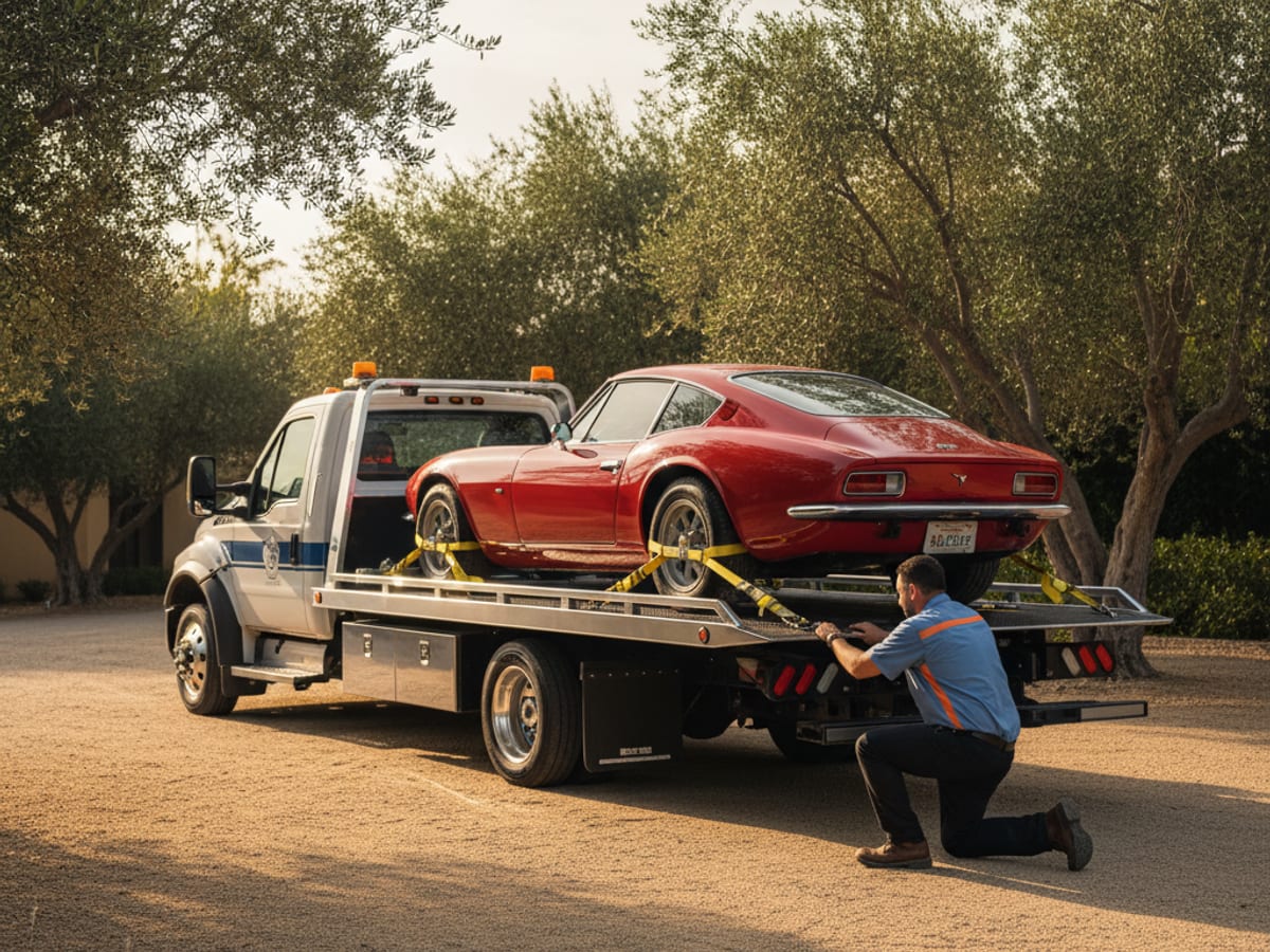 Quick Tow New Orleans low-clearance flatbed carefully loading a classic Porsche with soft-tie wheel nets in the Garden District