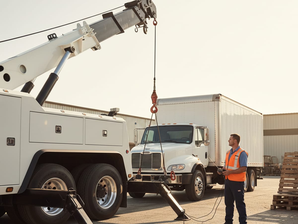 Quick Tow New Orleans Class 7 heavy wrecker hooking a commercial box truck near the Ernest N. Morial Convention Center