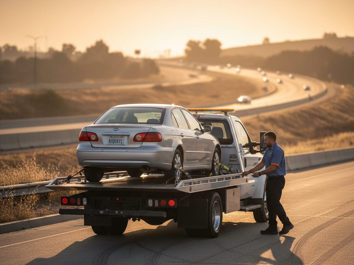 Quick Tow New Orleans flatbed driver preparing for a long-distance interstate tow at sunrise on I-10
