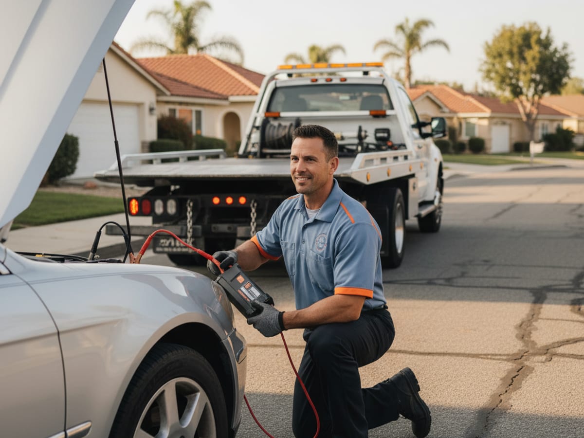 Quick Tow New Orleans technician jump-starting a disabled car on a residential street in Mid-City New Orleans