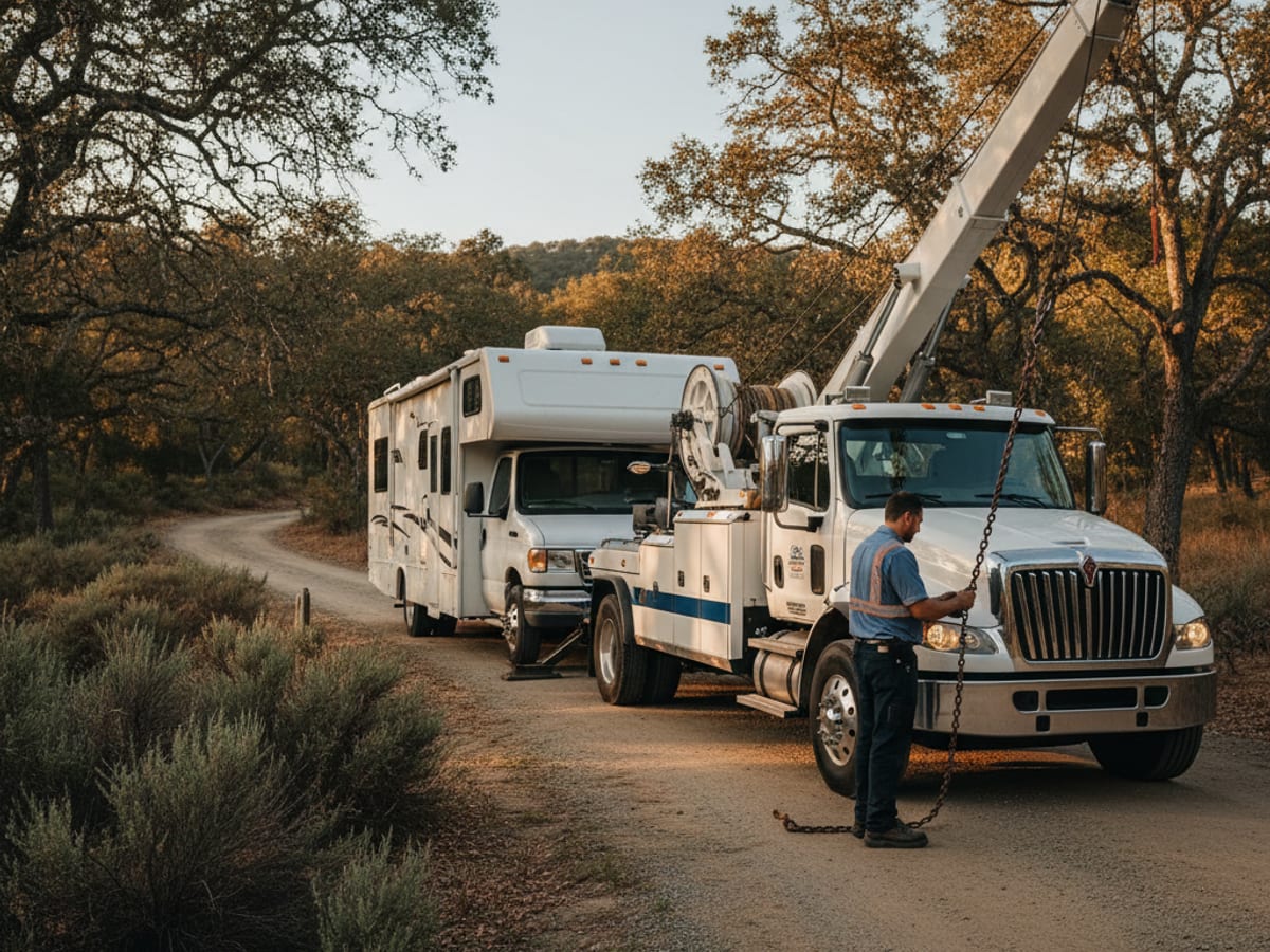 Quick Tow New Orleans heavy wrecker towing a Class C RV from a Northshore-area campground