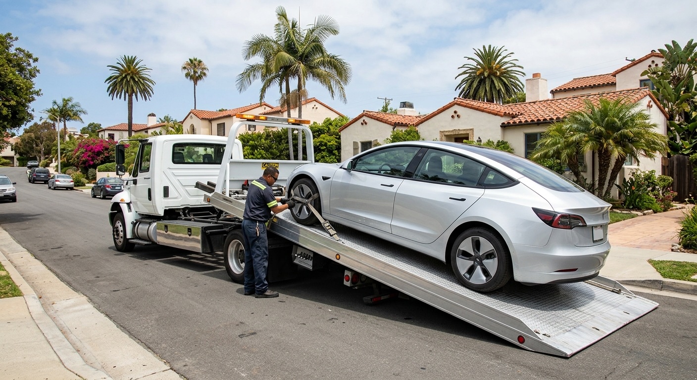 Quick Tow New Orleans flatbed loading a Tesla Model 3 with soft straps in a Lakeview driveway, charge port closed and Transport Mode engaged